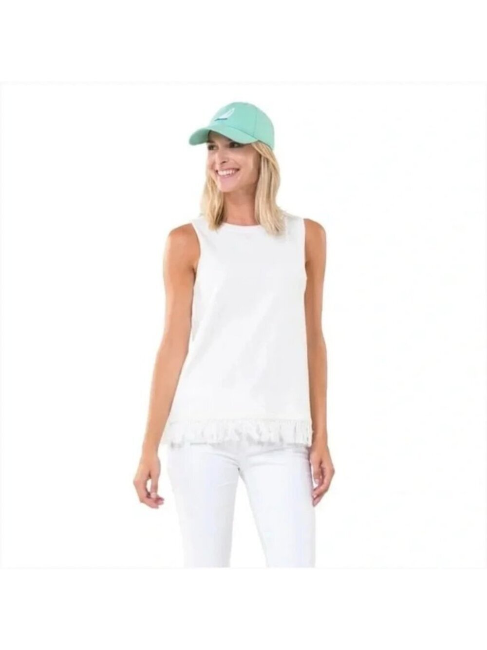 Sail to Sable Fringe Sweater Tank White Size L Coastal Office Preppy Resortwear